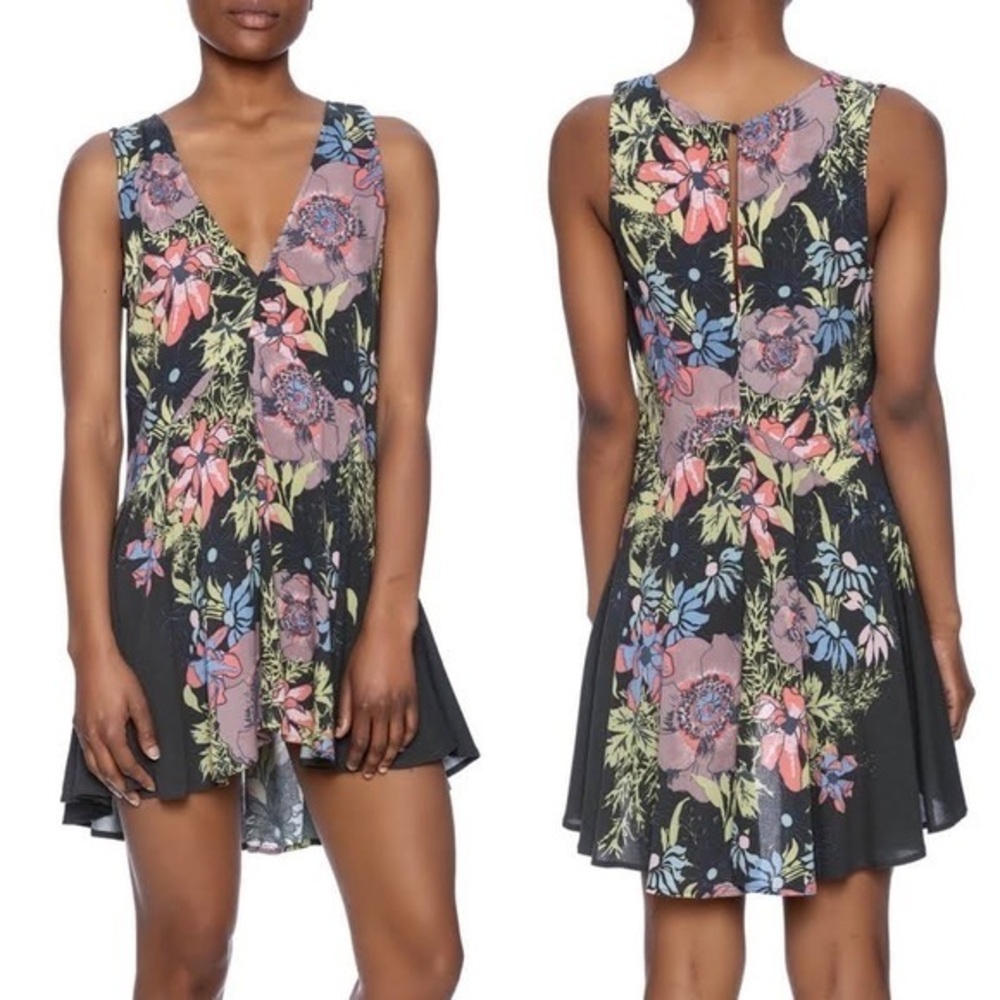 Free people back yard park tunic dress black floral size small